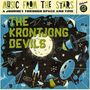 "Music from the Stars", "Volume 2", "The Krontjong Devils". Retro-Illustration mit Weltraumthema, Raketen und Planeten.