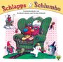 Oben steht "Schlapps & Schlumbo". Darunter "Geschichtenlieder von Reinhard Lakomy und Monika Ehrhardt". Illustration: Bunte, fantasievolle Figuren auf einem gemütlichen, grünen Sessel.