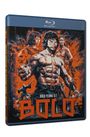 "Bolo Yeung ist Bolo" steht unten in großen Buchstaben. Illustration eines muskulösen Mannes vor orange-schwarzem Hintergrund.