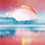 Text fehlt. Eine Illustration zeigt Berge, See, Sonnenuntergang und Kometenstreifen in pastellfarbenem Himmel.