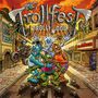 „Trollfest Trollywood“ dominieren Schriftzug. Comic-Illustration: Bunte, wilde Figuren in einer fantasievollen Straßenszene.