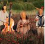 Drei Personen in Wiesenblumen tragen Strohmasken und spielen Kontrabass, Mandoline und Akkordeon.