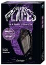 „CRIME PLACES“, „Schloss Dracula“. Krimispiel. Illustration eines Sargs mit einer Hand und lila Backsteinmauer.