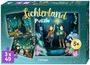 "Lichterland Puzzle", 3 x 49 Teile, ab 5 Jahren. Zwei Kinder in einem magischen Wald voller leuchtender Wesen.