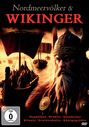 „Nordmeervölker & Wikinger“ in roter und weißer Schrift. Krieger mit Helm, Langschiffe im Hintergrund bei Sonnenuntergang.
