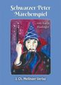 "Schwarzer Peter Märchenspiel" von Karin Haslinger. Illustration: Bärtiger Mann mit rotem Umhang und blauer, spitzer Mütze.