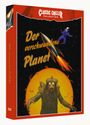 „Der verschwundene Planet“: Rakete vor Mond, Weltraumwesen im Vordergrund, Astronaut im Hintergrund, Retro-Stil.