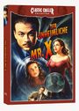 "Der unheimliche Mr. X" steht auf einem Retro-Filmplakat. Ein Mann mit Schnurrbart, zwei Frauen und eine Glaskugel sind dargestellt.