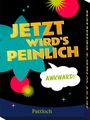 Text: "JETZT WIRD'S PEINLICH", "AWKWARD!", "Pattloch". Bunte, verspielte Grafik mit Sternen und Kreisen.