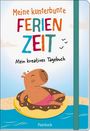 „Meine kunterbunte Ferienzeit. Mein kreatives Tagebuch.“ Illustration: Ein Bär auf einem Schwimmreifen im Wasser.