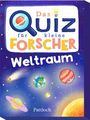 "Das Quiz für kleine Forscher Weltraum." Illustration mit Planeten, einem Kometen und einem farbenfrohen, kindgerechten Stil.
