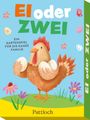 "EI oder ZWEI. Ein Kartenspiel für die ganze Familie. Pattloch." Ein gemalter Hahn hält zwei Eier, umgeben von Blumen.