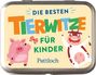 Text: "Die besten Tierwitze für Kinder". Illustration von einem fröhlichen Schwein und einer lächelnden Kuh.