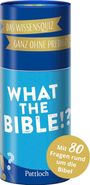 Eine blaue zylindrische Box mit Texten: „DAS WISSENSQUIZ GANZ OHNE PREDIGT!“ und „WHAT THE BIBLE!?“. Enthält 80 Bibel-Fragen.
