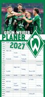 „GRÜN-WEISSER PLANER 2027“. Fußballer in grün-weißen Trikots jubeln. Kalender mit Terminen und ein grünes Logo.