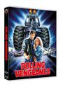 „Rolling Vengeance“ steht groß in Rot. Illustration: Riesiges Monstertruck-Fahrzeug, Flammen, Mann und Frau im Vordergrund.
