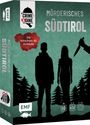 "Mörderisches Südtirol", "Die Krimi-Party für zu Hause". Silhouetten im Wald, Hand mit Messer. Crime & Dine Logo.
