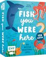 „Fish you were here“, „128 Karten“, „Das witzige Reaktionsspiel“. Illustration: Hai, Oktopus, Muräne, Krabbe.