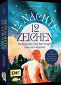 "12 Nächte, 12 Zeichen. Rauhnächte und Astrologie bewusst erleben." Illustration einer Person vor Wald und Sternenhimmel.