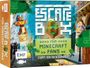 "Escape Box für Minecraft Fans. Stoppt den Hackerangriff!" Pixelartige Figuren in städtischer Umgebung und grüner Box.