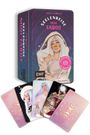 Box und Karten mit Text: "Seelenreise Mini Tarot". Illustration: Frau mit langem Haar und Tarotbuch. Bunte Karten.
