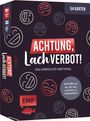 "Achtung, Lachverbot! Das verrückte Partyspiel. 54 Karten. Schaffst du es, dir das Lachen zu verkneifen? Logo mit Fisch."