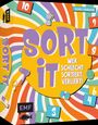 "Sort it: Wer schlecht sortiert, verliert!" steht auf einem bunten, spiralförmigen Design mit Zahlen und Gegenständen.