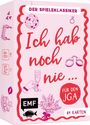 "Ich hab noch nie ... Für den JGA. Der Spieleklassiker. 64 Karten. Abgebildet sind Handschellen, Sektglas und Blumenstrauß."