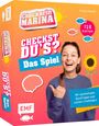 "Checkst du’s? Das Spiel" steht in großen Buchstaben. Eine Frau lächelt, zeigt Daumen hoch. Bunte Fischsymbole und Sonnenblume.