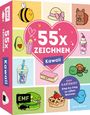 "55x Zeichnen Kawaii" steht in einem rosa Herz. Niedliche Zeichnungen von Tieren und Gegenständen in bunten Kästchen.