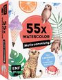 55x Watercolor Motivsammlung. Dein Kartenset für 5-Minuten-Aquarelle. Illustrationen von Eule, Gepard, Pflanze, Eis.