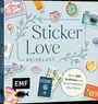 "Sticker Love: Reiselust. Über 300 Aufkleber mit beschreibbarer Oberfläche." Bunte Reisesticker wie Kamera und Flugzeug.