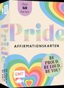 Text: "Über 60 Karten", "Pride Affirmationskarten", "BE PROUD, BE LOUD, BE YOU!", "EMF". Design: Bunte Herzen in Regenbogenfarben.