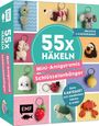 "55x Häkeln: Mini-Amigurumis Schlüsselanhänger" mit Bildern von gehäkelten Schlüsselanhängern wie Hund, Elefant und Erdbeere.
