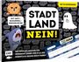 Cover mit "STADT LAND NEIN!", Katze, Hai, Geist, humorvoller Text, Spielbrett-Ecke.