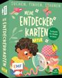 „SUCHEN, FINDEN, STAUNEN. MEINE ENTDECKERKARTEN NATUR. Suchspiel für Kinder ab 3 Jahren.“ Zwei Kinder betrachten eine Raupe.