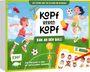 "Kopf gegen Kopf. Ran an den Ball! Zwei Spielblöcke in einem. Kinder spielen fröhlich Fußball in einer grünen Umgebung."