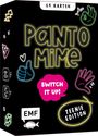 "64 Karten, Pantomime, Switch it up!, Teenie Edition, EMF. Bunte Neon-Symbole wie Daumen hoch und Hand umrahmen den Text."
