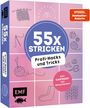 "55x STRICKEN Profi-Hacks und Tricks" auf rosa Hintergrund. Illustration von Strickmotiven und Werkzeugen.