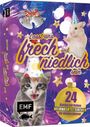 „Lasst uns frech und niedlich sein“, 24 Karten mit lieben Weihnachtstierchen. Eine Katze und eine Maus mit Partyhüten.