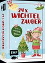 "24 x Wichtelzauber" in roter Schrift. Illustration: Ein fröhlicher Wichtel mit Geschenk, Weihnachtsbaum, Schneeflocken.