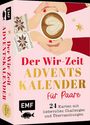 Text: "Der Wir-Zeit Adventskalender für Paare. 24 Karten mit liebevollen Challenges und Überraschungen." Illustration: Zwei Hände halten eine Latte mit Herzmuster.