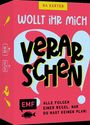 „WOLLT IHR MICH VERARSCHEN“ in großen Buchstaben, 64 Karten. Rotes Design mit schwarzem EMF-Logo und Fisch.
