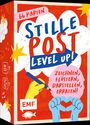 64 Karten, Stille Post Level Up! Zeichnen, Flüstern, Darstellen, Erraten! Illustration mit bunten Händen und Sternen.