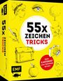 „55x ZEICHEN TRICKS“ ist groß hervorgehoben. Skizzen: Frau, Auge, Katze, Kamera, Apfel, Baum.