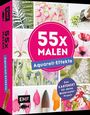 "55x Malen" in großem pinken Kreis, "Aquarell-Effekte" darunter. Mehrere Aquarellbilder von Pflanzen und Blumen.