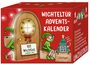„Wichteltür Adventskalender“ groß auf rotem Hintergrund. Illustration: Wichtel, Tür, Tannenbaum und Umzugskisten.