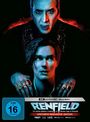 Texte: "4K Ultra HD + Blu-ray", "RENFIELD", "Nicolas Cage als Dracula", "FSK ab 16 freigegeben". Illustration zweier gruselig beleuchteter Männer, einer mit Ringen.