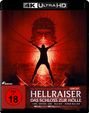 Text: "4K Ultra HD", "Die blutige Neuverfilmung", "Hellraiser", "Das Schloss zur Hölle", "FSK ab 18". Illustration: Person mit Ketten.