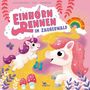 Titel: "Einhorn Rennen im Zauberwald". Zwei Einhörner, bunte Schmetterlinge, ein Regenbogen und Pilze. Illustration.